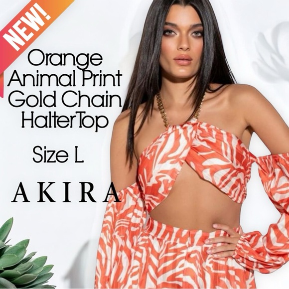 AKIRA Tops - NWT Orange Animal Print Gold Chain Halter Top